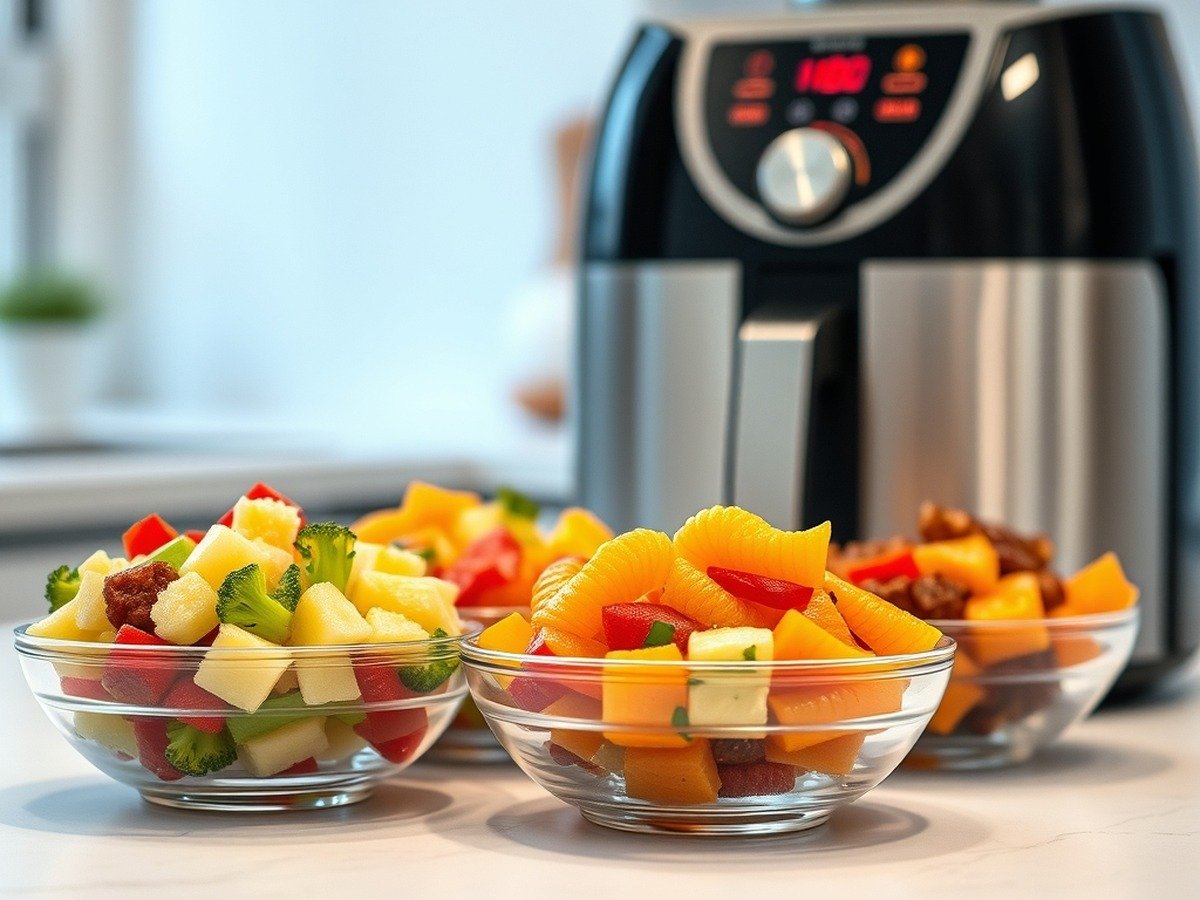 What temperature is best for cooking frozen vegetables in an air fryer? cooking process - A clean kitchen counter showing bowls of colorful frozen mixed vegetables next to a modern digital a