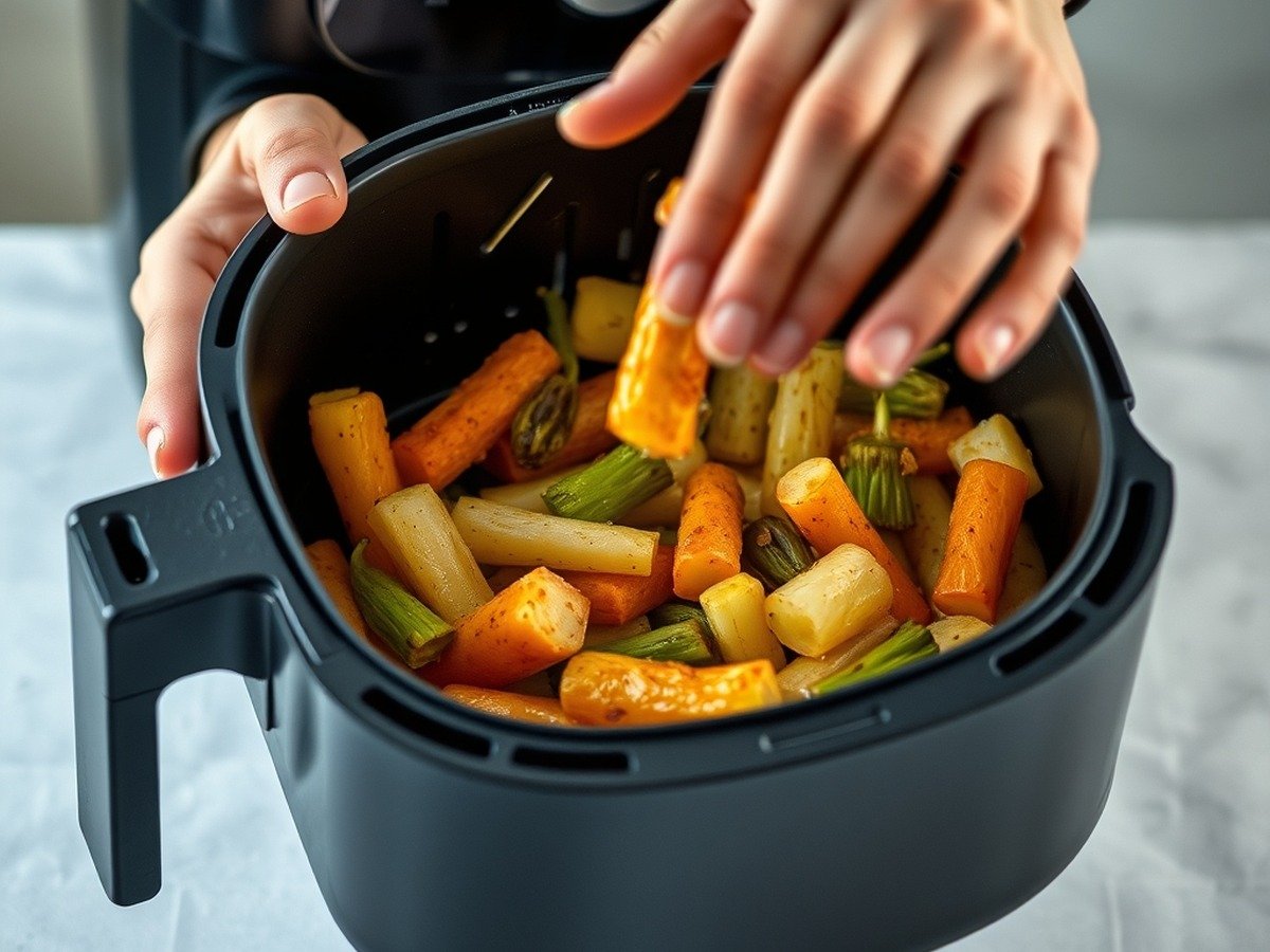What temperature is best for cooking frozen vegetables in an air fryer? final dish overhead - An action shot of a person shaking an air fryer basket filled with seasoned frozen vegetables.