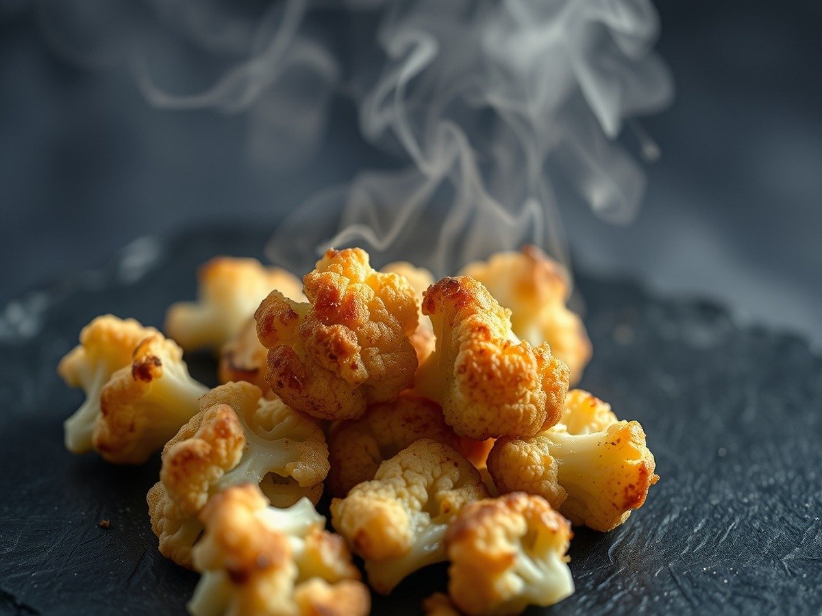 What temperature is best for cooking frozen vegetables in an air fryer? plating and garnish - A macro shot of steam rising from freshly cooked crispy cauliflower florets on a dark slate plate.