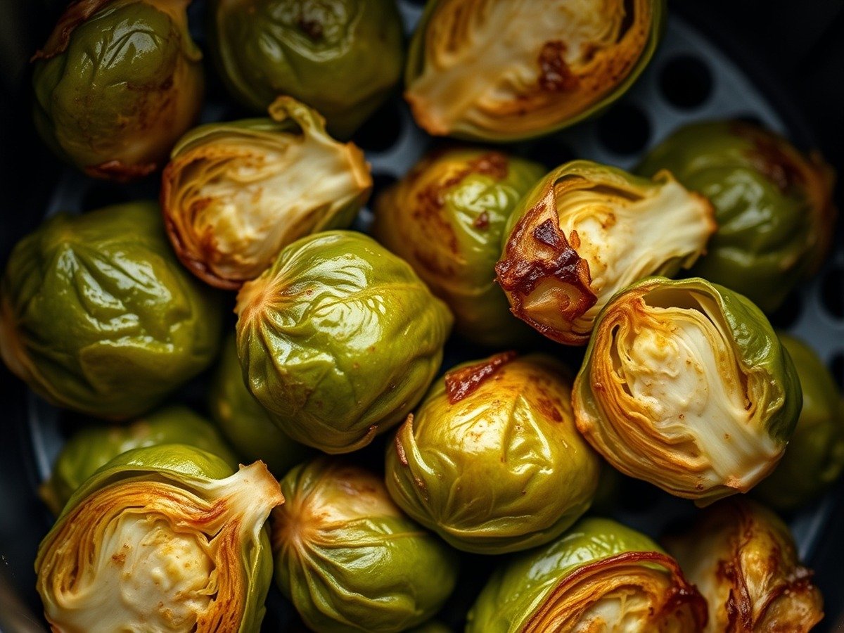 What temperature is best for cooking frozen vegetables in an air fryer? preparation close-up - A photorealistic top-down view of roasted frozen Brussels sprouts in an air fryer with golden-brown