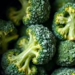 What temperature is best for cooking frozen vegetables in an air fryer? recipe hero presentation - A close-up photorealistic shot of frozen broccoli florets coated in oil inside a black air fryer bas