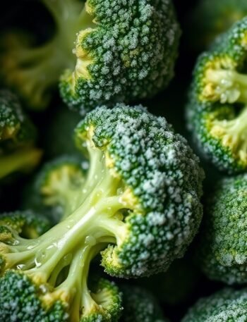 What temperature is best for cooking frozen vegetables in an air fryer? recipe hero presentation - A close-up photorealistic shot of frozen broccoli florets coated in oil inside a black air fryer bas