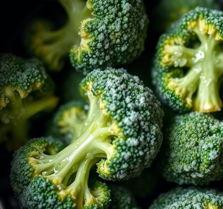 What temperature is best for cooking frozen vegetables in an air fryer? recipe hero presentation - A close-up photorealistic shot of frozen broccoli florets coated in oil inside a black air fryer bas