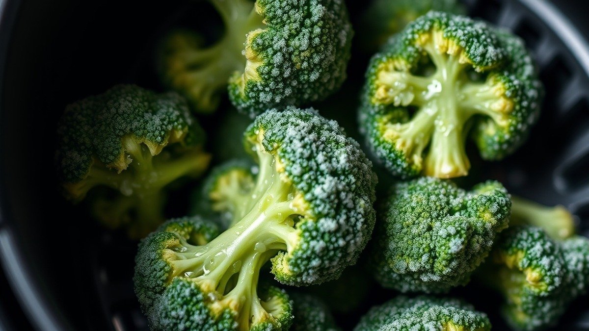 What temperature is best for cooking frozen vegetables in an air fryer? recipe hero presentation - A close-up photorealistic shot of frozen broccoli florets coated in oil inside a black air fryer bas