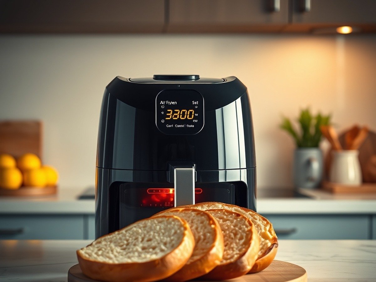 What temperature should I use to thaw bread in an air fryer? cooking process - A modern kitchen scene featuring an air fryer set to 300 degrees Fahrenheit with a soft, warm glow i