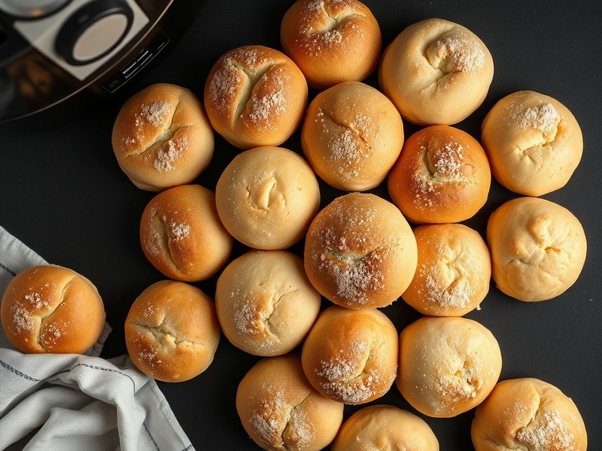 What temperature should I use to thaw bread in an air fryer? final dish overhead - An overhead minimalist shot of various frozen bread rolls arranged neatly on a dark countertop next