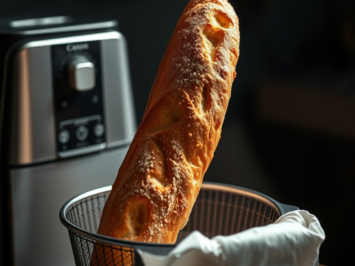 What temperature should I use to thaw bread in an air fryer? plating and garnish - Professional culinary photography of a crusty baguette being placed into an air fryer basket with dr