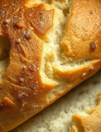What temperature should I use to thaw bread in an air fryer? recipe hero presentation - A close-up photorealistic shot of a golden artisanal loaf of bread inside a modern black air fryer b