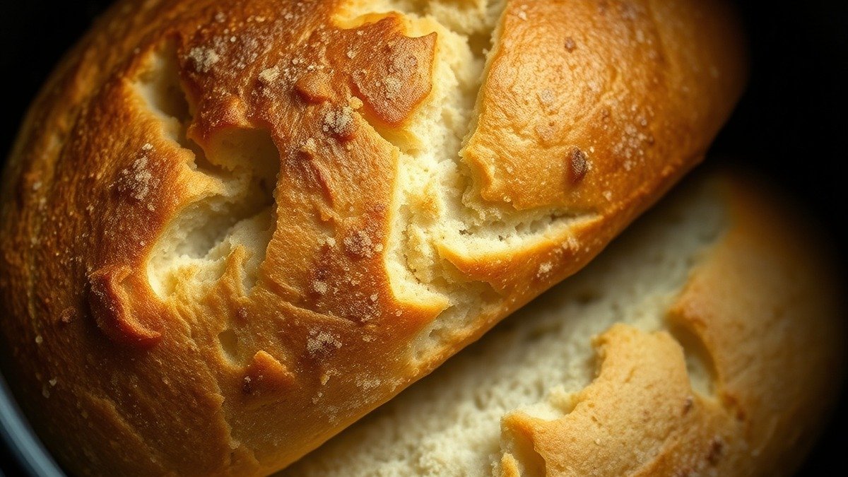 What temperature should I use to thaw bread in an air fryer? recipe hero presentation - A close-up photorealistic shot of a golden artisanal loaf of bread inside a modern black air fryer b