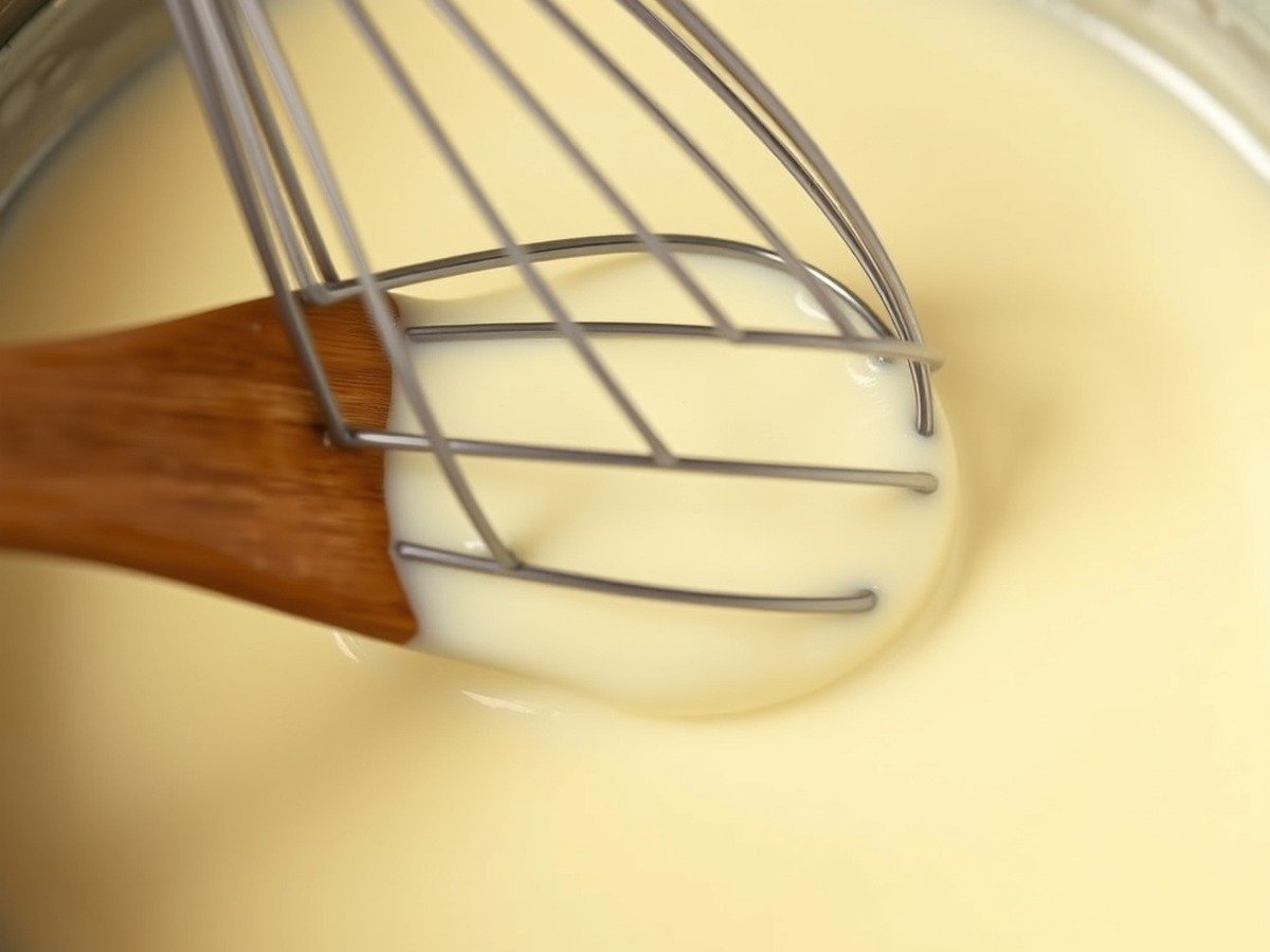 Why did my heavy cream sauce separate and turn oily? cooking process - A close-up of a wooden whisk blending cold heavy cream into a warm pan, creating a smooth emulsion.