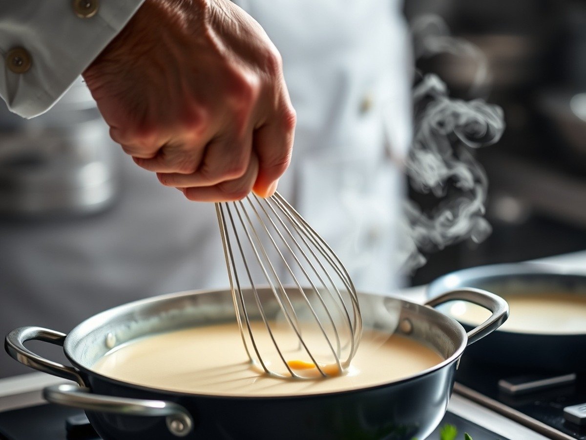Why did my heavy cream sauce separate and turn oily? final dish overhead - A close-up of a chef's hand whisking a pan of simmering cream sauce with steam rising softly in a pr