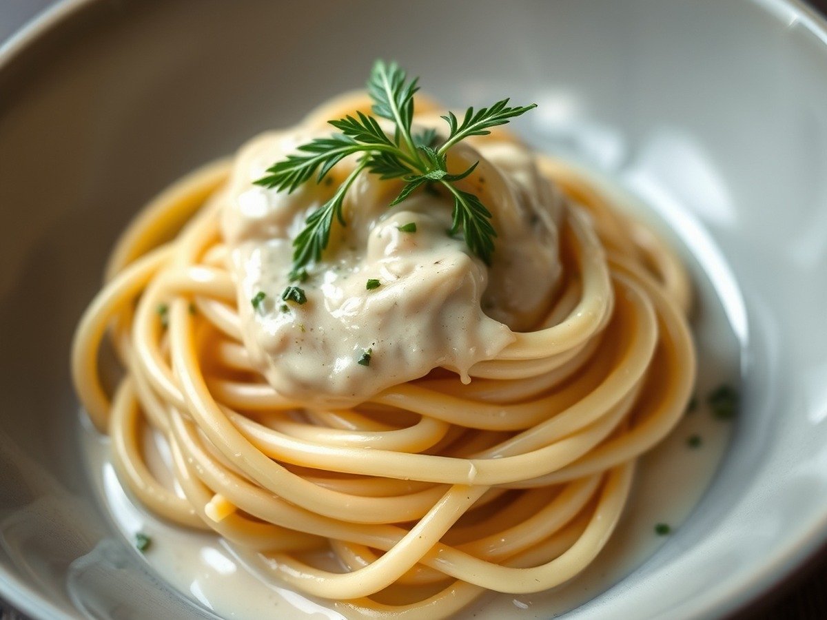 Why did my heavy cream sauce separate and turn oily? plating and garnish - A gourmet pasta dish coated in a velvety, rich cream sauce with fresh herbs garnished on top, shot f