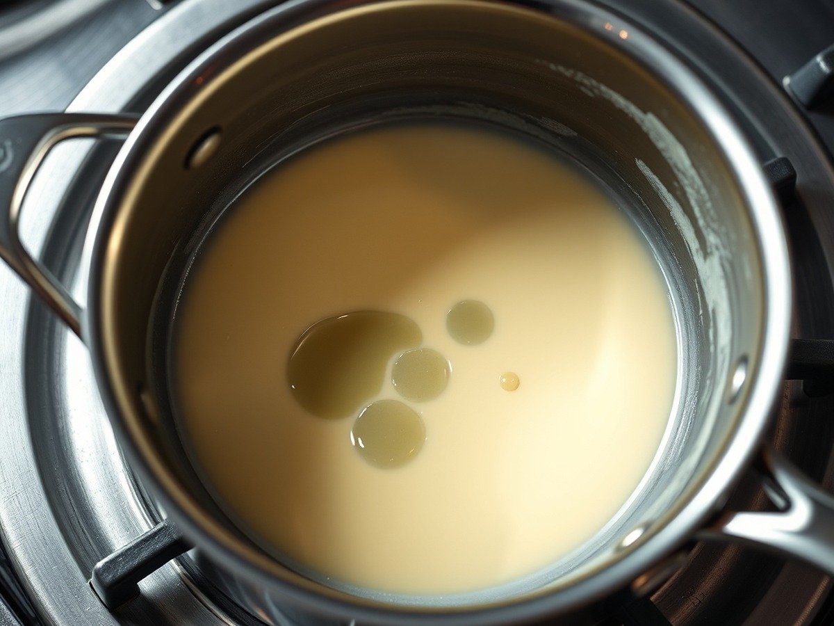 Why did my heavy cream sauce separate and turn oily? preparation close-up - A stainless steel saucepan on a stovetop showing a broken, oily cream sauce with distinct pools of s