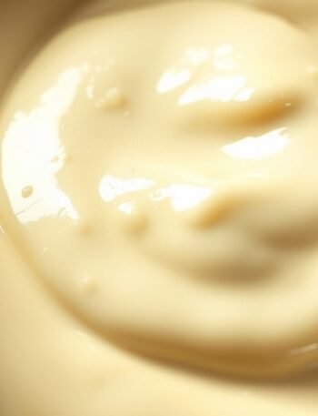Why did my heavy cream sauce separate and turn oily? recipe hero presentation - A macro shot of a glossy, smooth white alfredo sauce in a ceramic pan, captured with professional cu