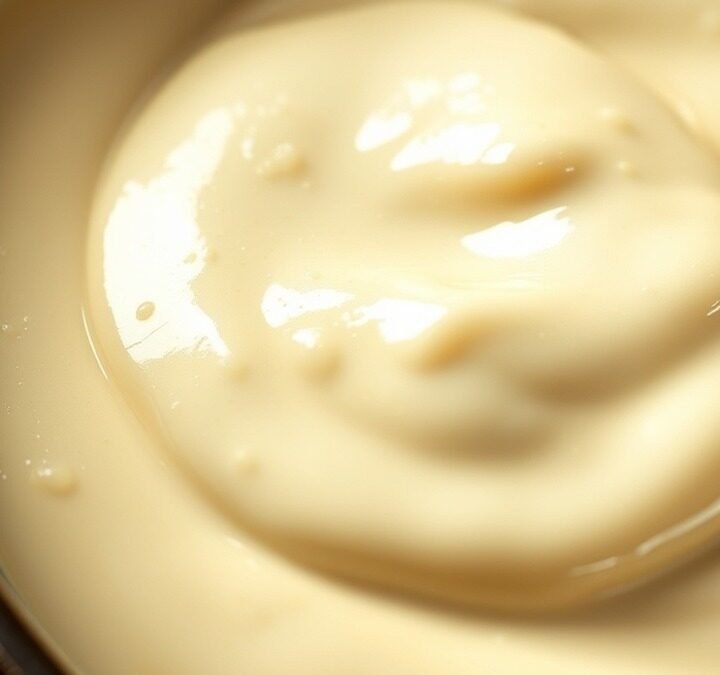 Why did my heavy cream sauce separate and turn oily? recipe hero presentation - A macro shot of a glossy, smooth white alfredo sauce in a ceramic pan, captured with professional cu