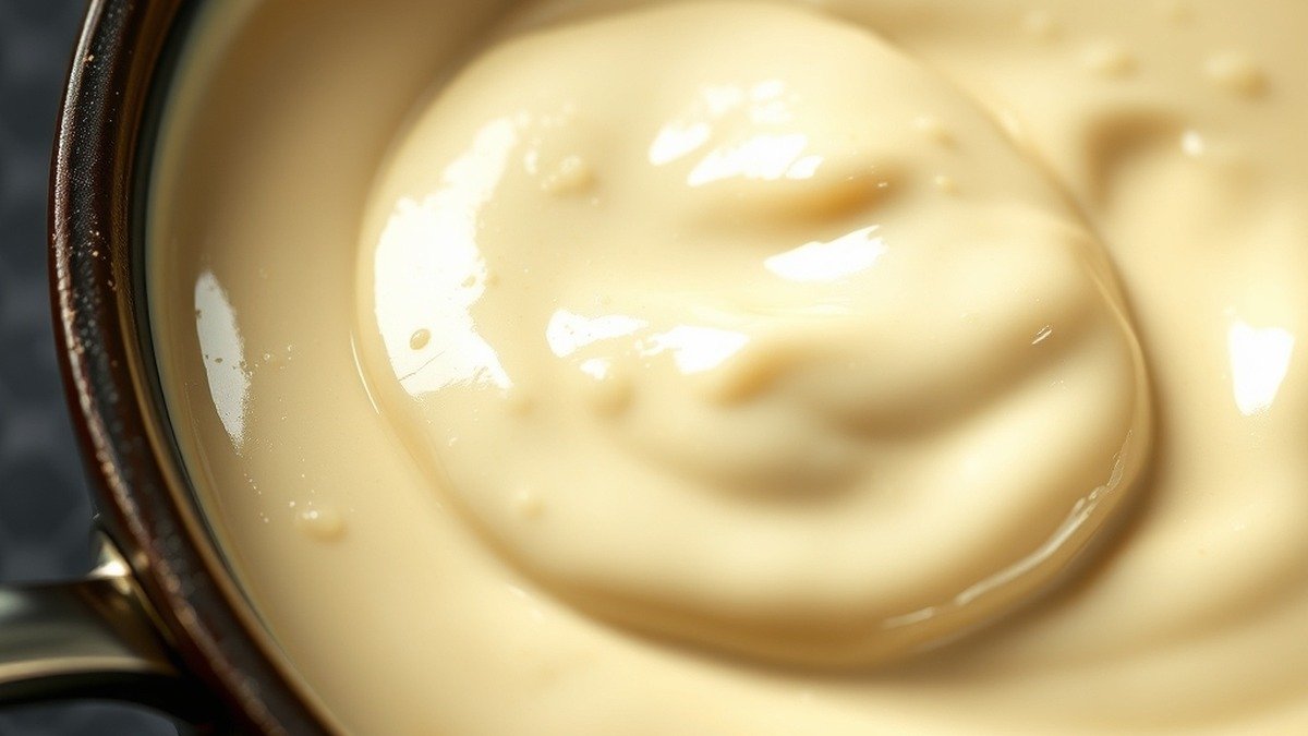 Why did my heavy cream sauce separate and turn oily? recipe hero presentation - A macro shot of a glossy, smooth white alfredo sauce in a ceramic pan, captured with professional cu