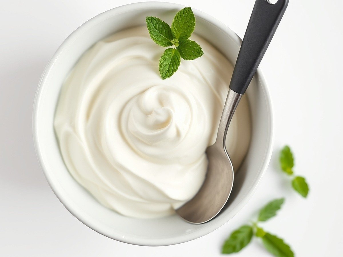 Why does cream cheese get runny when mixed? cooking process - A bowl of smooth, whipped cream cheese frosting next to a spatula, garnished with a sprig of fresh m
