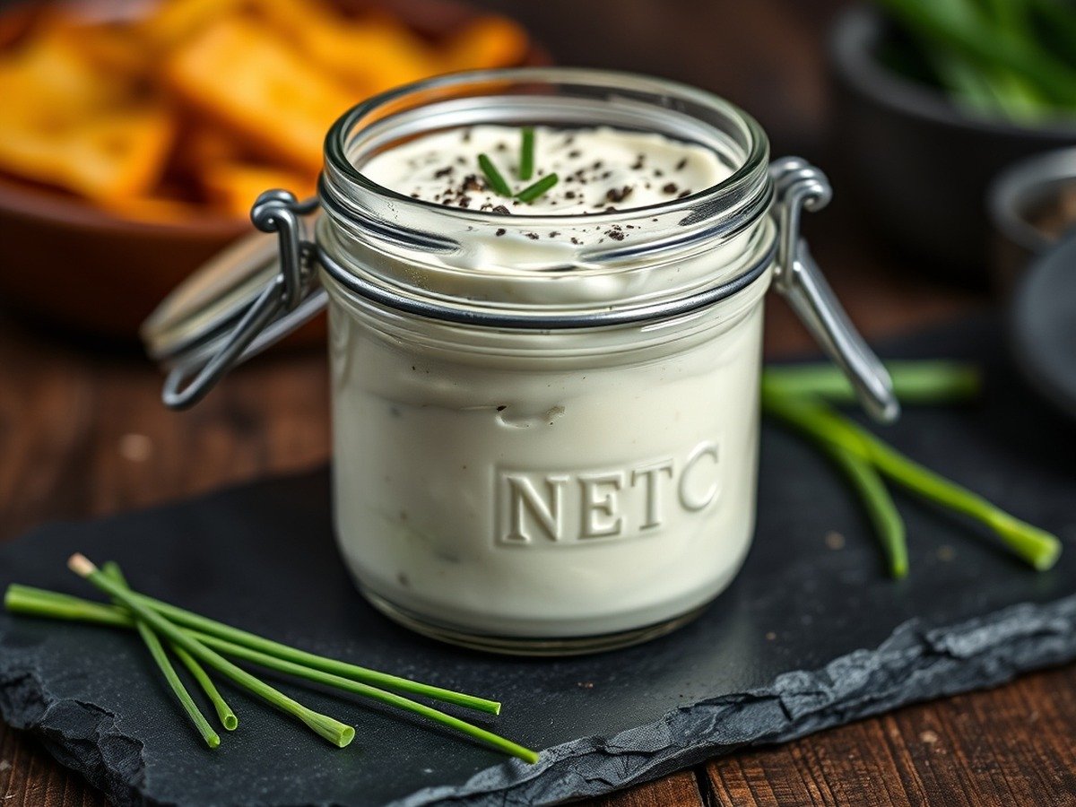 Why does cream cheese get runny when mixed? final dish overhead - A jar of thick, savory cream cheese dip topped with fresh chives and black pepper on a rustic slate