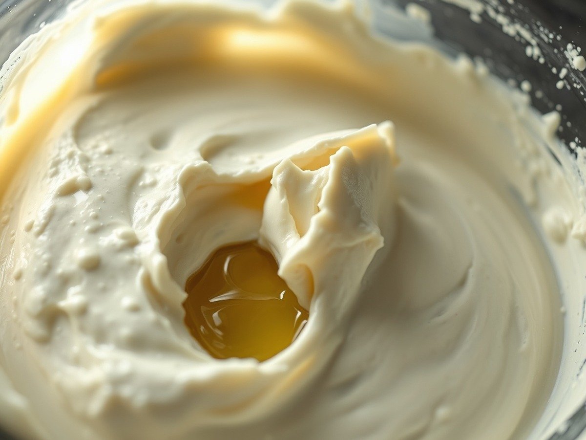 Why does cream cheese get runny when mixed? plating and garnish - A close-up of a broken, runny cream cheese mixture in a glass bowl showing liquid separation, dramat