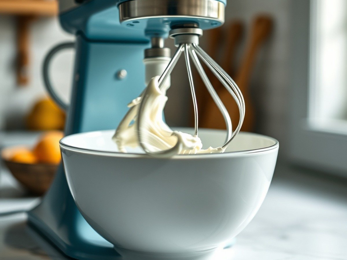 Why does cream cheese get runny when mixed? preparation close-up - An electric mixer beating cream cheese in a ceramic bowl, capturing a slight motion blur on the beat
