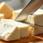 Why does cream cheese get runny when mixed? recipe hero presentation - A macro shot of a block of cream cheese on a wooden cutting board with a silver knife cutting a clea