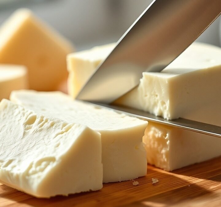 Why does cream cheese get runny when mixed? recipe hero presentation - A macro shot of a block of cream cheese on a wooden cutting board with a silver knife cutting a clea