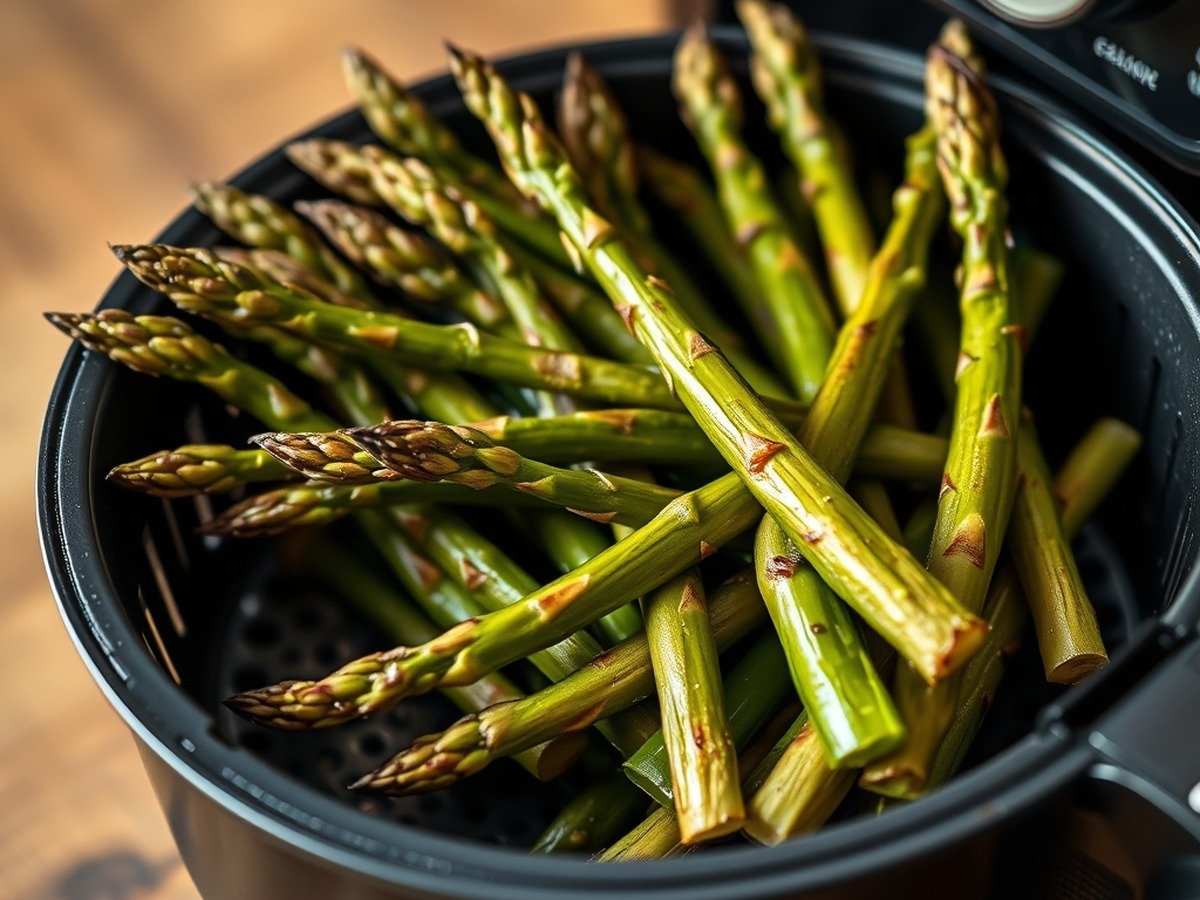 Why is my air fryer frozen asparagus soggy and how to fix it? cooking process - Photorealistic image of an air fryer basket filled with roasted green asparagus, nicely charred tips