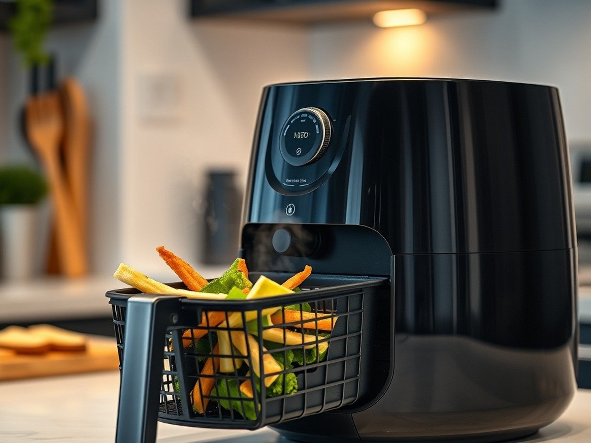 Why is my air fryer frozen asparagus soggy and how to fix it? final dish overhead - Photorealistic side view of a modern air fryer on a kitchen counter with a basket pulled out showing