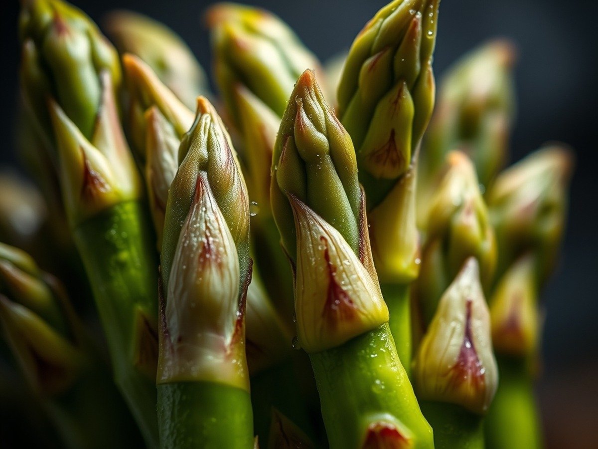 Why is my air fryer frozen asparagus soggy and how to fix it? plating and garnish - Close up photorealistic macro shot of green asparagus cell structure under kitchen lighting, highlig