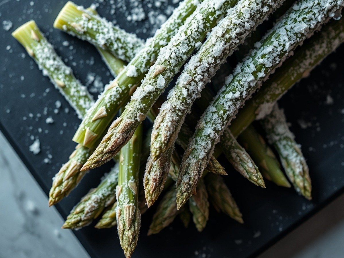 Why is my air fryer frozen asparagus soggy and how to fix it? preparation close-up - Photorealistic overhead shot of frozen asparagus spears covered in frost crystals on a dark cutting