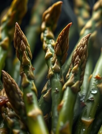 Why is my air fryer frozen asparagus soggy and how to fix it? recipe hero presentation - Close up photorealistic food photography of crispy green asparagus spears in an air fryer basket, st