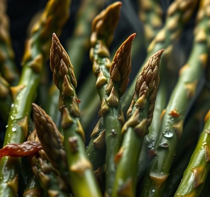 Why is my air fryer frozen asparagus soggy and how to fix it? recipe hero presentation - Close up photorealistic food photography of crispy green asparagus spears in an air fryer basket, st