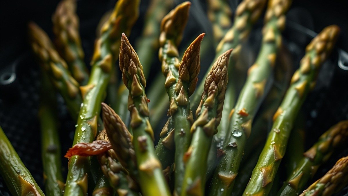 Why is my air fryer frozen asparagus soggy and how to fix it? recipe hero presentation - Close up photorealistic food photography of crispy green asparagus spears in an air fryer basket, st