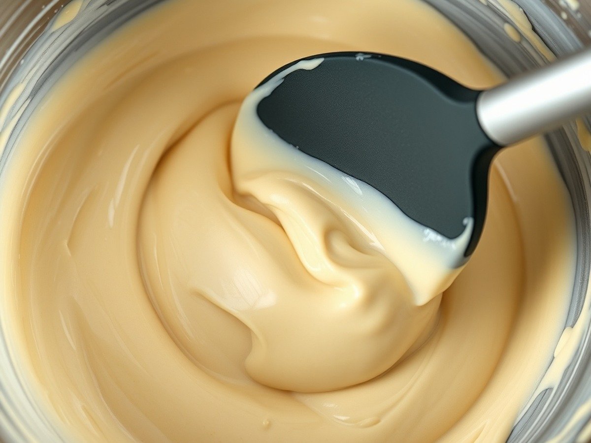 Why is my cheesecake filling still liquid after baking? cooking process - A macro view of a smooth cheesecake batter mixing in a silver bowl with a silicone spatula, showing