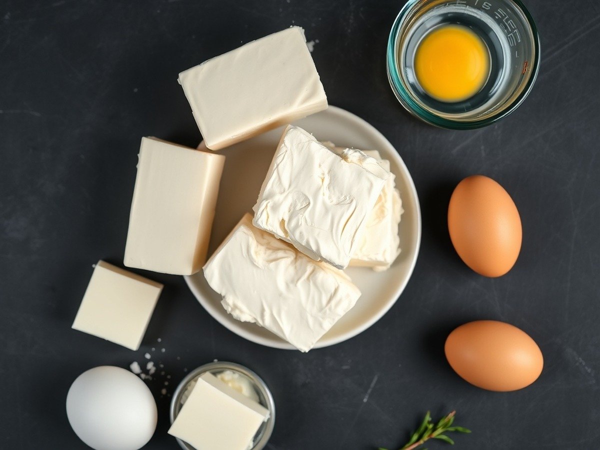 Why is my cheesecake filling still liquid after baking? final dish overhead - An overhead flatlay of baking ingredients including cream cheese blocks, fresh eggs, and a glass mea