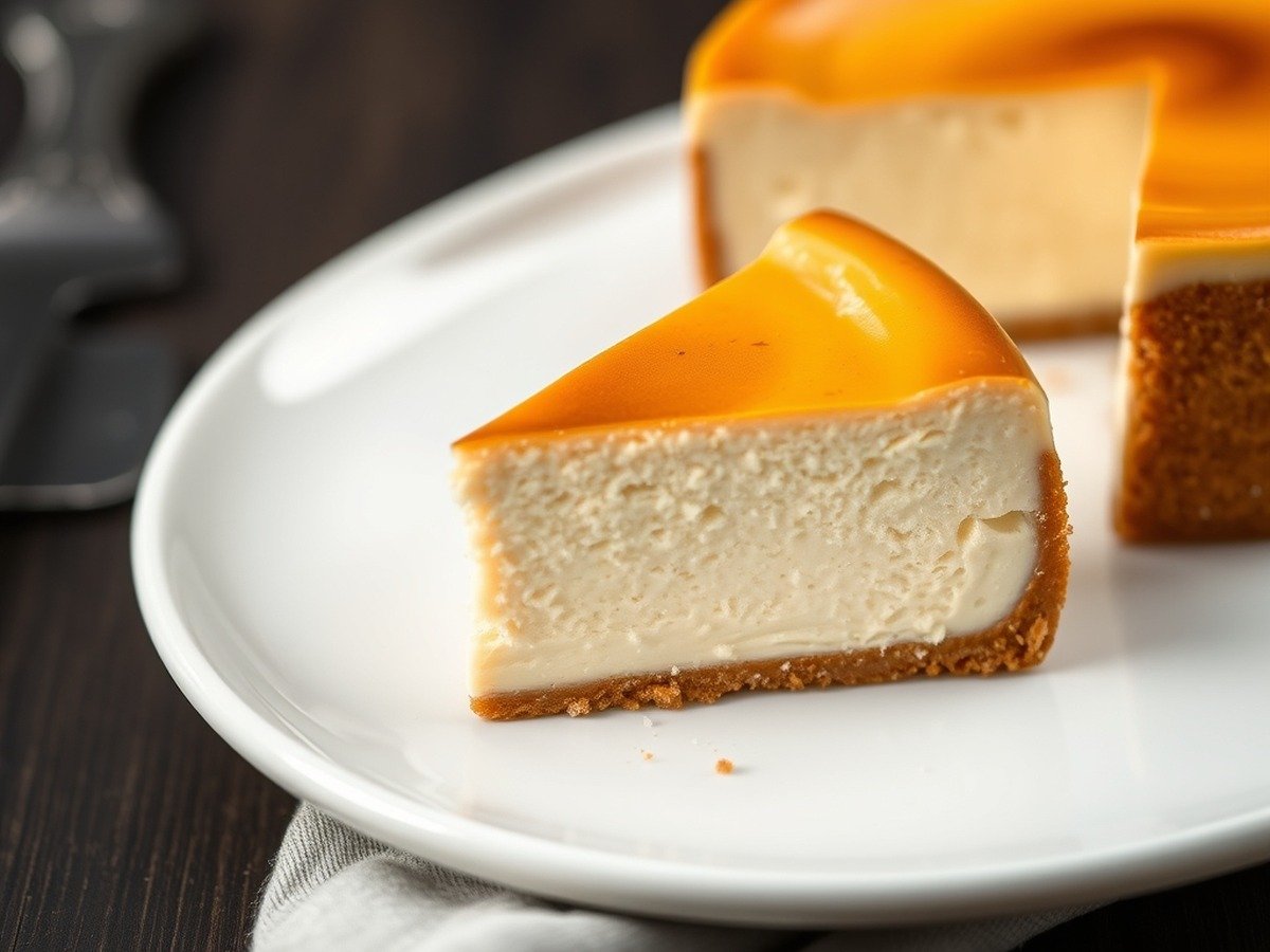 Why is my cheesecake filling still liquid after baking? plating and garnish - A sliced gourmet cheesecake on a white ceramic plate, revealing a velvety, dense interior texture ne