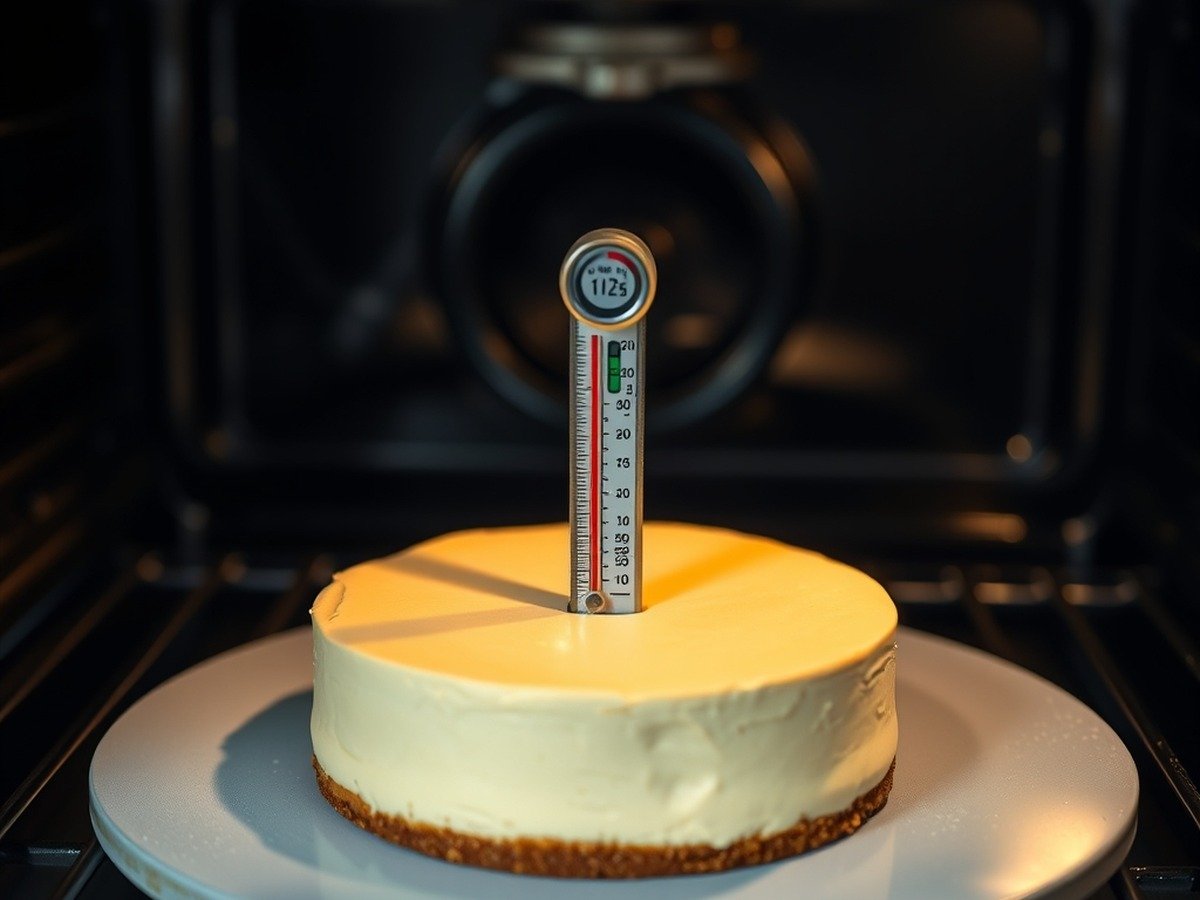 Why is my cheesecake filling still liquid after baking? preparation close-up - A professional culinary shot of an instant-read thermometer inserted into the center of a creamy bak