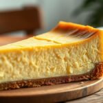 Why is my cheesecake filling still liquid after baking? recipe hero presentation - A photorealistic close-up of a golden-brown cheesecake with a slight crack on top, resting on a rust