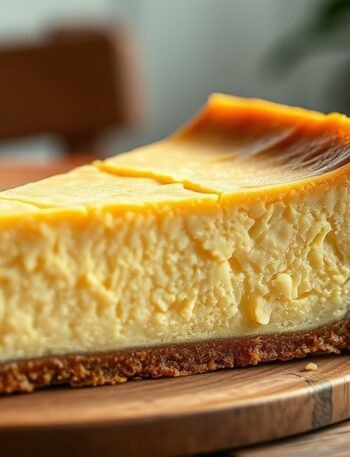 Why is my cheesecake filling still liquid after baking? recipe hero presentation - A photorealistic close-up of a golden-brown cheesecake with a slight crack on top, resting on a rust