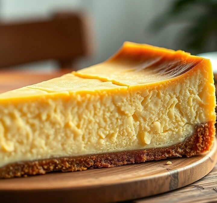 Why is my cheesecake filling still liquid after baking? recipe hero presentation - A photorealistic close-up of a golden-brown cheesecake with a slight crack on top, resting on a rust