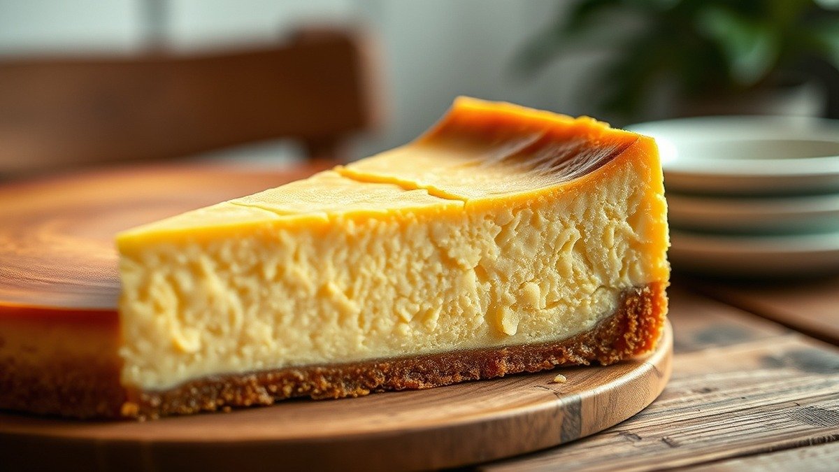 Why is my cheesecake filling still liquid after baking? recipe hero presentation - A photorealistic close-up of a golden-brown cheesecake with a slight crack on top, resting on a rust