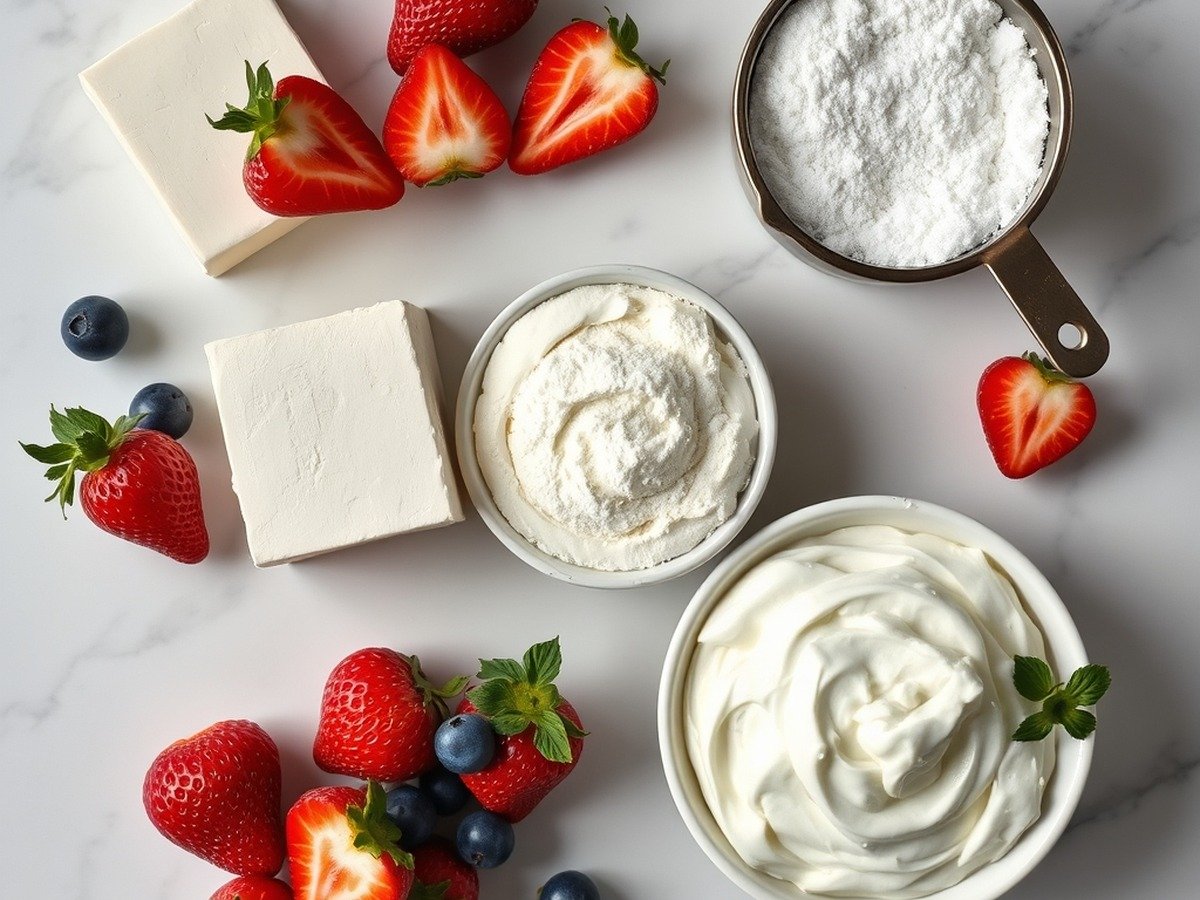 Will powdered sugar fix runny cream cheese dip? cooking process - Overhead flat lay of ingredients for a dessert dip including blocks of cream cheese, measuring cups