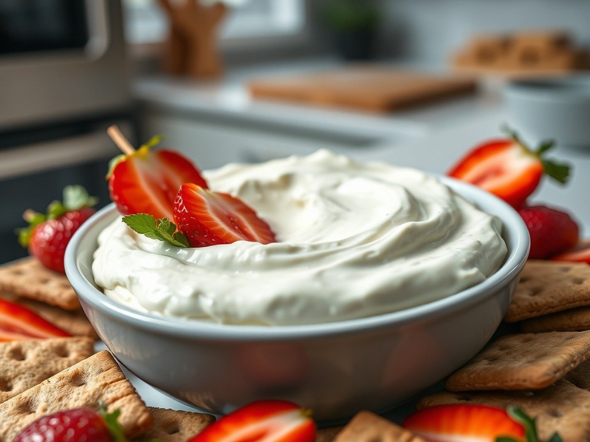 Will powdered sugar fix runny cream cheese dip? final dish overhead - A modern kitchen setting with a bowl of finished cream cheese dip surrounded by graham crackers and