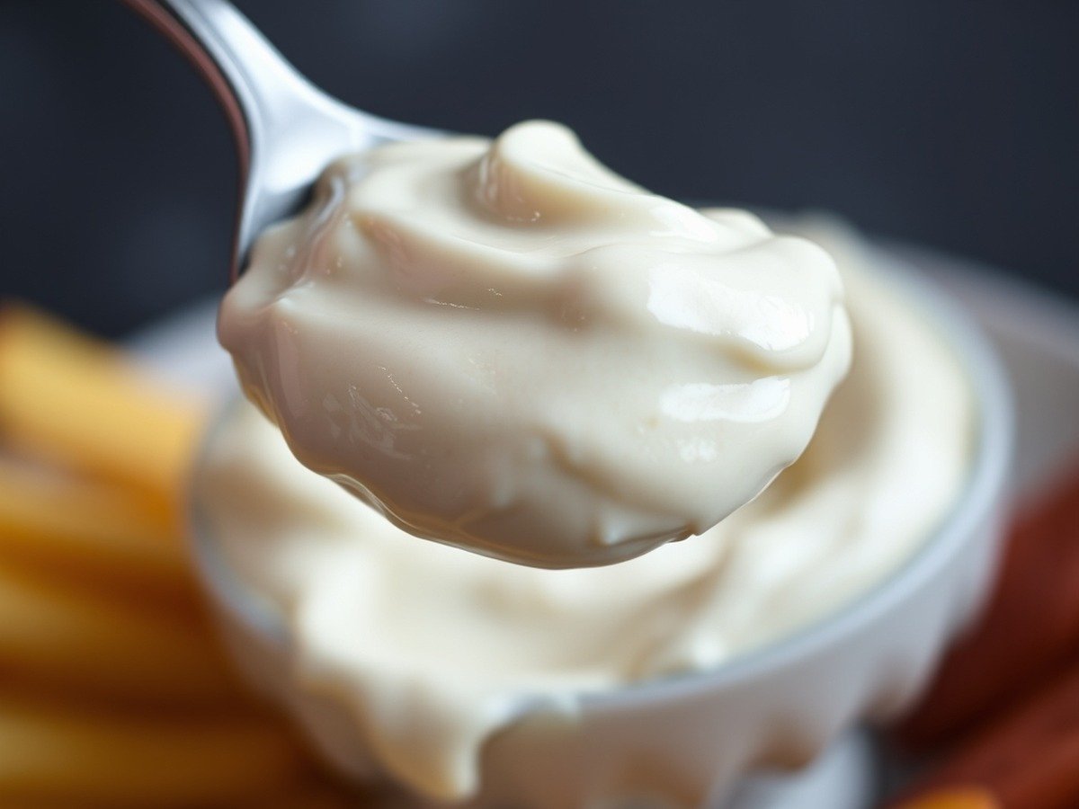 Will powdered sugar fix runny cream cheese dip? plating and garnish - A spoon scooping up a rich, velvety dollop of cream cheese dip, showing glossy texture and thick con