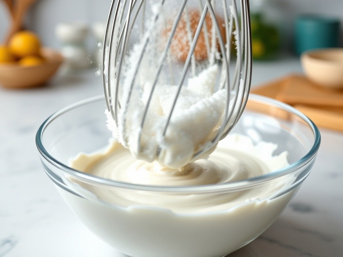 Will powdered sugar fix runny cream cheese dip? preparation close-up - Close-up of a wire whisk mixing powdered sugar into a soft cream cheese base inside a glass bowl, mo