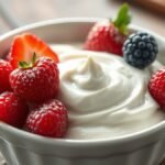 Will powdered sugar fix runny cream cheese dip? recipe hero presentation - A white ceramic bowl filled with thick, smooth cream cheese dip garnished with fresh berries and a d