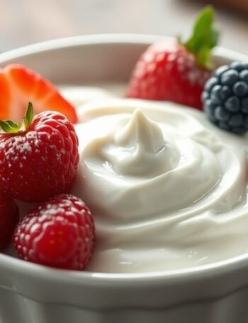 Will powdered sugar fix runny cream cheese dip? recipe hero presentation - A white ceramic bowl filled with thick, smooth cream cheese dip garnished with fresh berries and a d