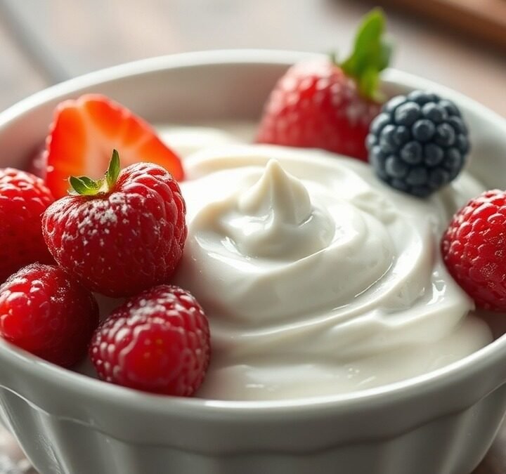 Will powdered sugar fix runny cream cheese dip? recipe hero presentation - A white ceramic bowl filled with thick, smooth cream cheese dip garnished with fresh berries and a d