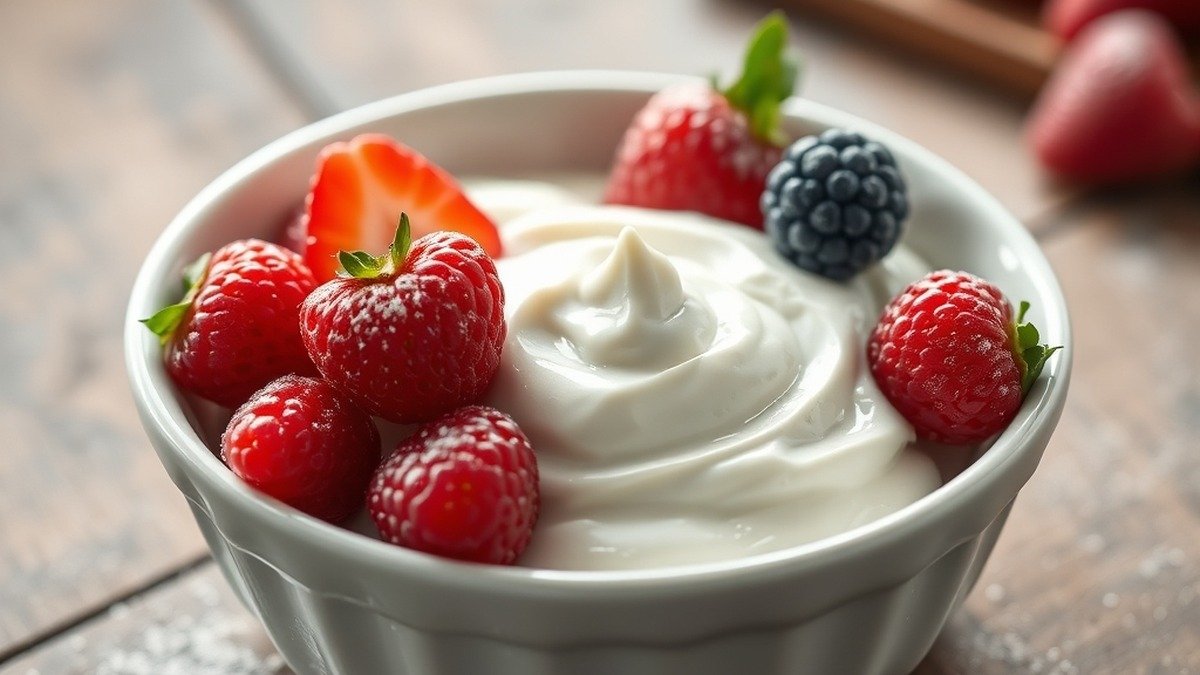 Will powdered sugar fix runny cream cheese dip? recipe hero presentation - A white ceramic bowl filled with thick, smooth cream cheese dip garnished with fresh berries and a d