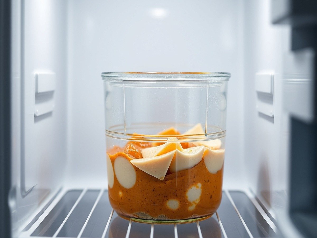 Can you make runny no bake cheesecake filling ahead of time? cooking process - A clean, minimal kitchen scene showing a sealed glass container of prepared dessert filling inside a